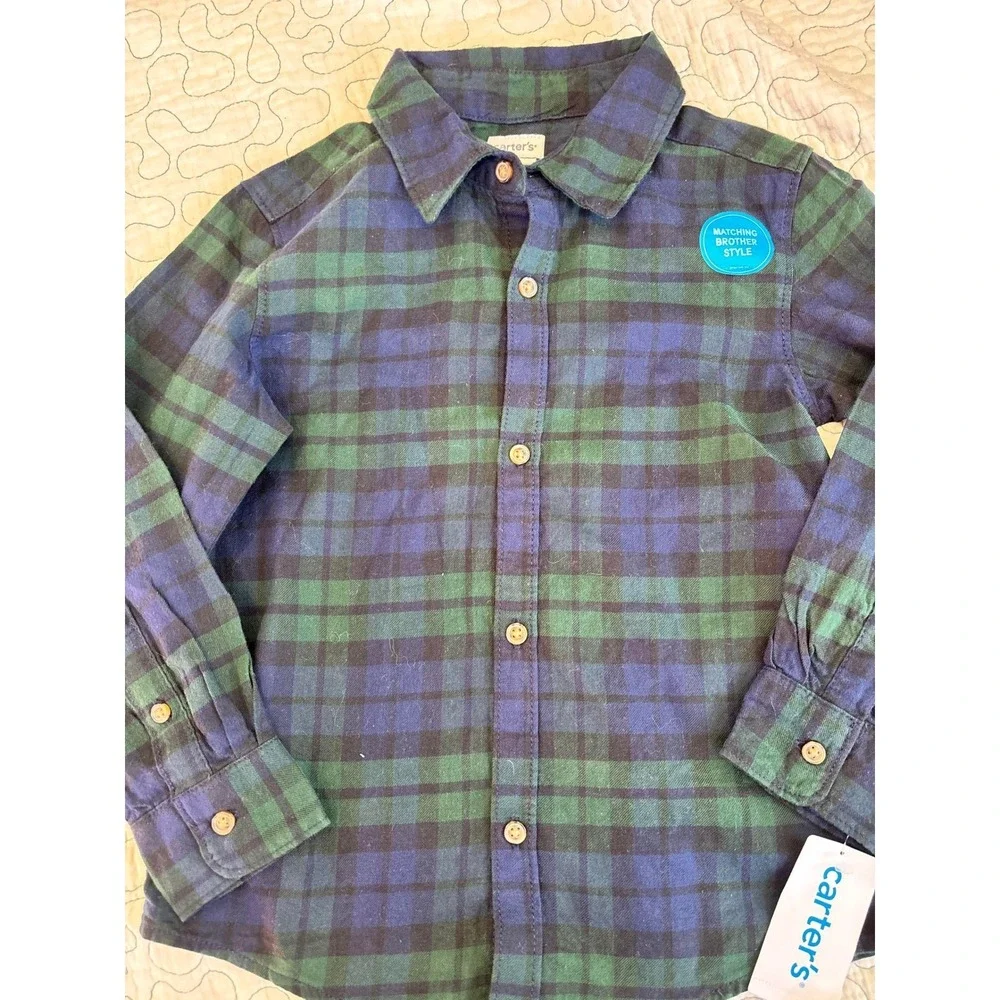 Carter's Toddler Boys Plaid‎ Button Up Shirt Green/Blue Size 5T #513